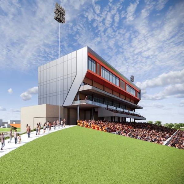 An artist's rendering shows the walkway leading to the updated press box and main concourse.