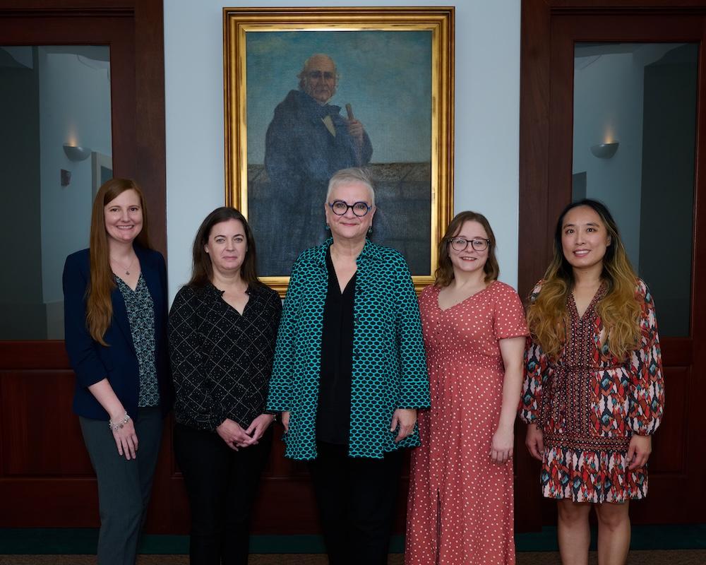 Sam Houston State University President Alisa White (center) pictured with 2025 Staff Excellence Award recipients (from left) Christene Chavez, Jamilyn White, Tamara Draper and Tingting Yao.