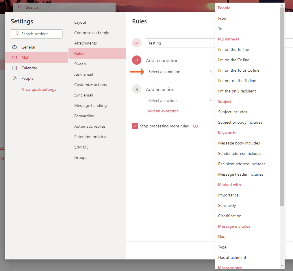 New Rule Options OWA Select Rule Condition